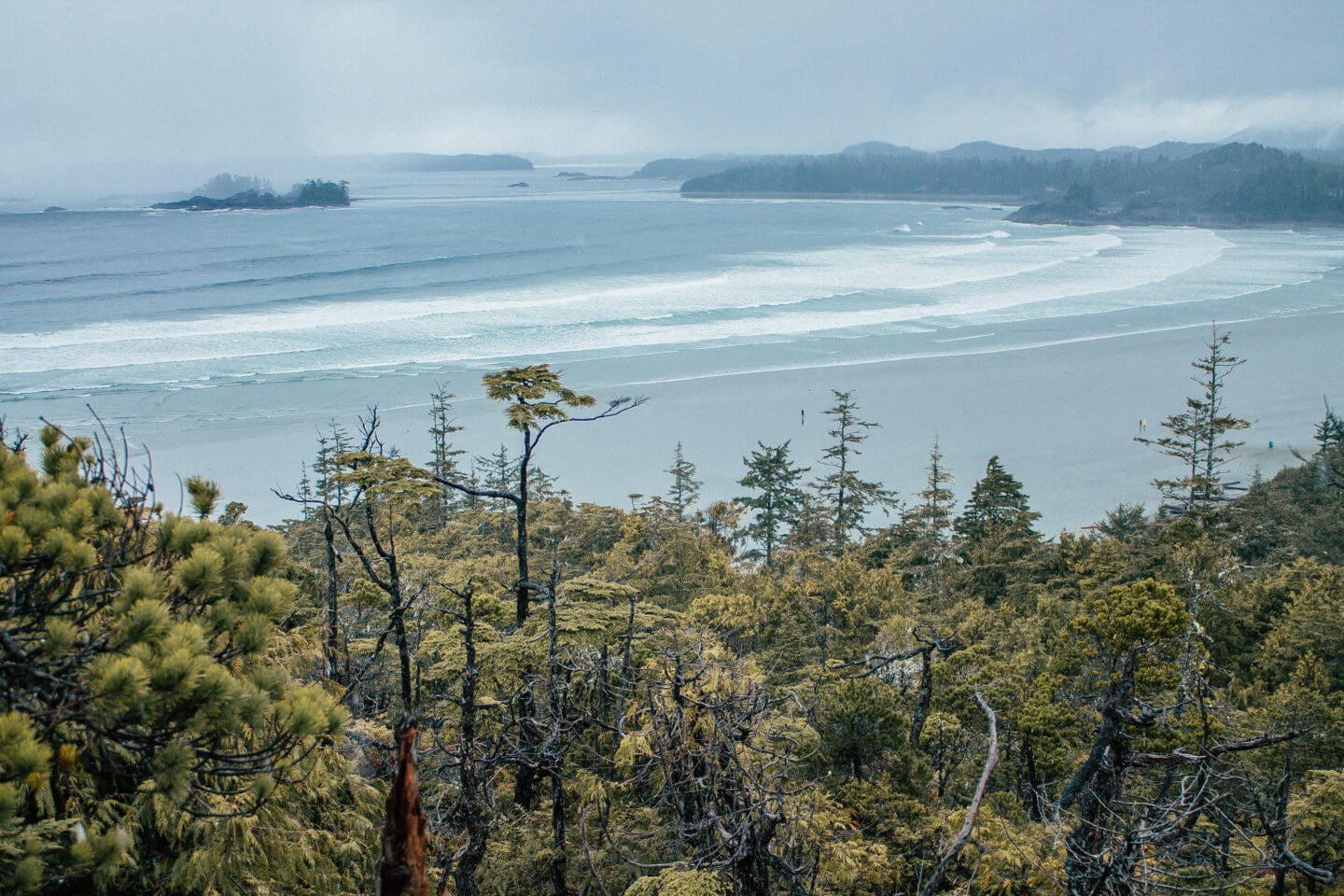 The view of the beach from Cox Bay Landing in Tofino, BC