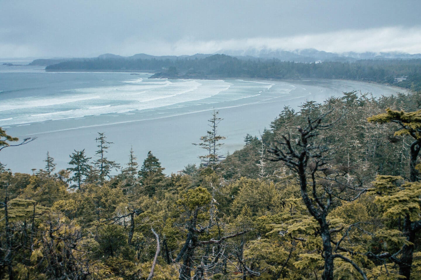 The view of the beach from Cox Bay Landing in Tofino, BC