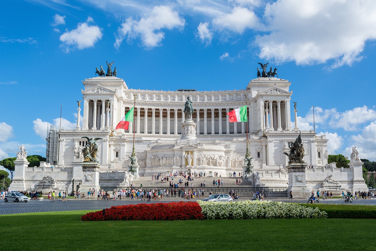 The grand white marble Monument to Victor Emmanuel II in the centre of Rome, Italy