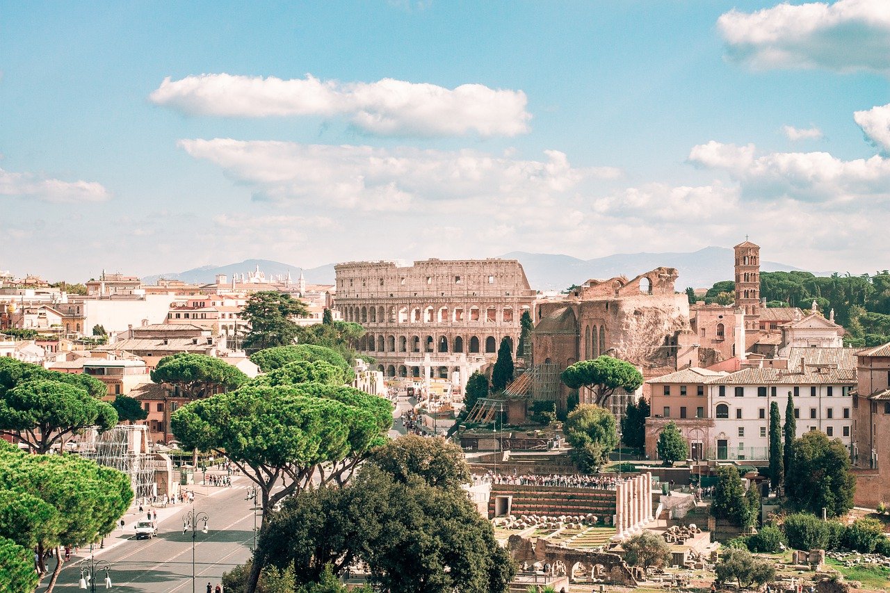 Rome's ancient skyline including the Colosseum and Roman Forum - two must-sees during your 2 days in Rome Itinerary