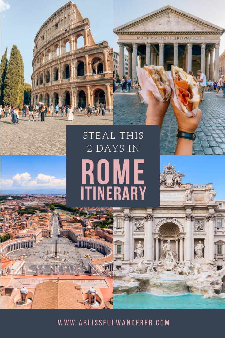 4 Picture pin of 2 days in Rome Itinerary with the Colosseum, Pantheon, Trevi Fountain and Vatican City