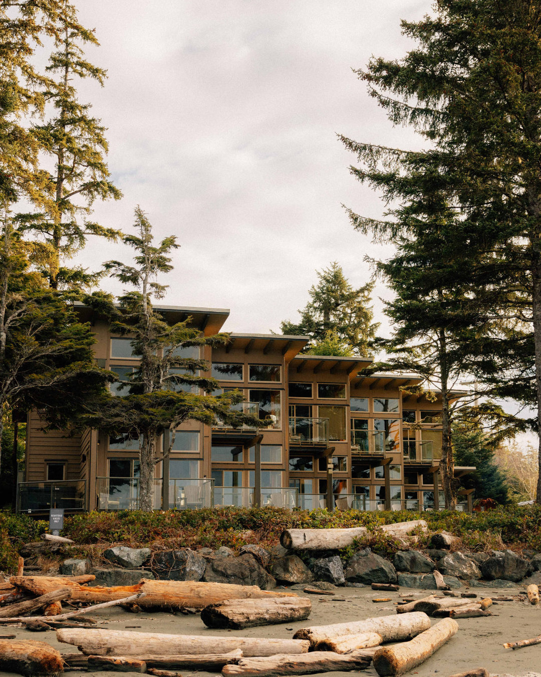 On Cox Bay Beach, looking back at the Pacific Sands resort in Tofino